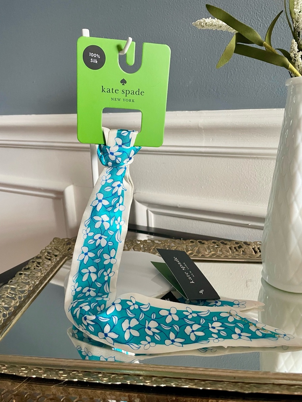 Kate Spade 100% silk skinny scarf- Riviera Blue
